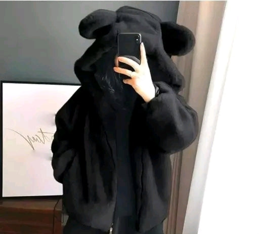 Winter Teddy Bear Hoodie Jacket for Women – Soft Plush Warm Brown Fur Coat