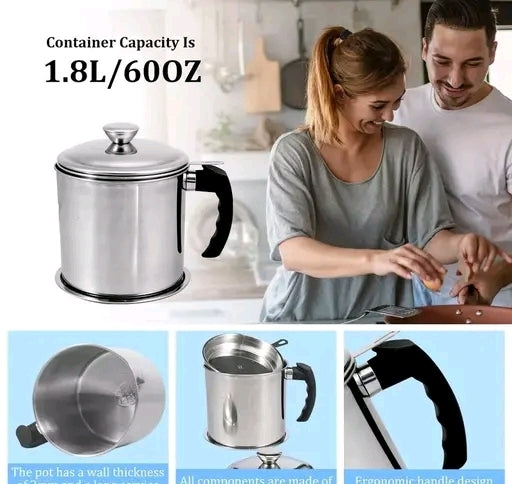 Stainless Steel Oil Storage Pot with Strainer | Grease Filter Container for Kitchen Frying & Cooking