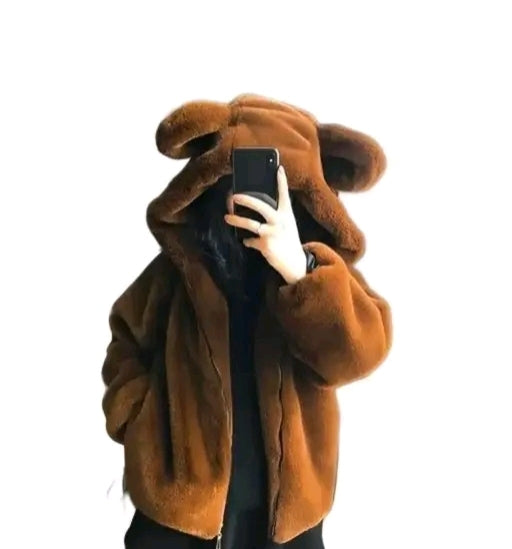 Winter Teddy Bear Hoodie Jacket for Women – Soft Plush Warm Brown Fur Coat
