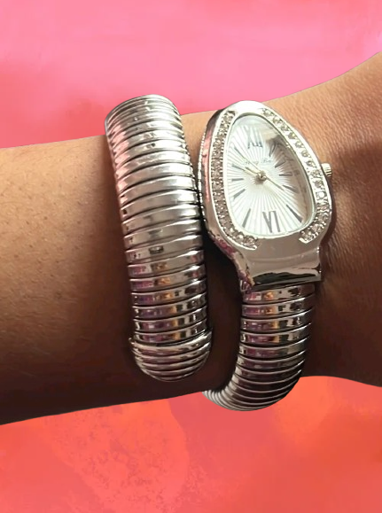 Luxury Gold Snake Coil Bracelet Watch for Women – Premium Fashion Wristwatch silver colour