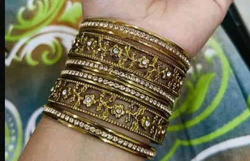 Designer Golden Crystal Bangles for Women | Premium Stone Studded Kada Set for Weddings & Parties