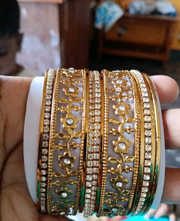 Designer Golden Crystal Bangles for Women | Premium Stone Studded Kada Set for Weddings & Parties