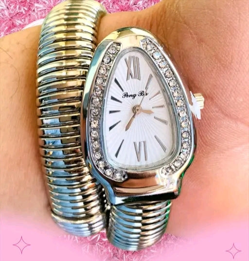 Luxury Gold Snake Coil Bracelet Watch for Women – Premium Fashion Wristwatch silver colour