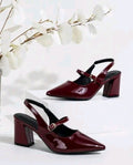 Women's Maroon Glossy Block Heel Slingback Sandals | Stylish Party Wear Heels