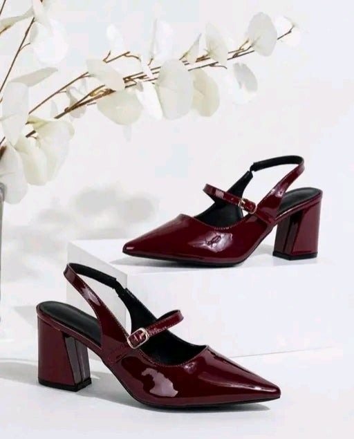Women's Maroon Glossy Block Heel Slingback Sandals | Stylish Party Wear Heels