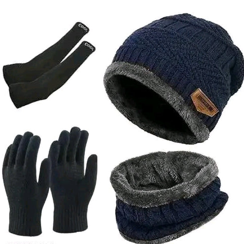 Winter Warm Essentials Combo – Woolen Beanie Cap, Neck Warmer, Thermal Gloves & Fleece Socks (Unisex)