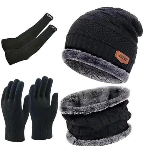Winter Warm Essentials Combo – Woolen Beanie Cap, Neck Warmer, Thermal Gloves & Fleece Socks (Unisex)