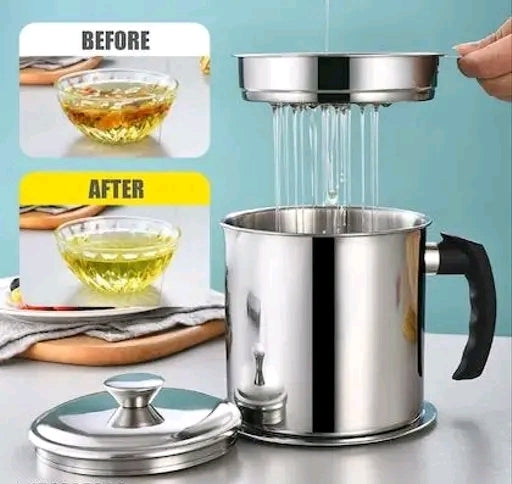 Stainless Steel Oil Storage Pot with Strainer | Grease Filter Container for Kitchen Frying & Cooking