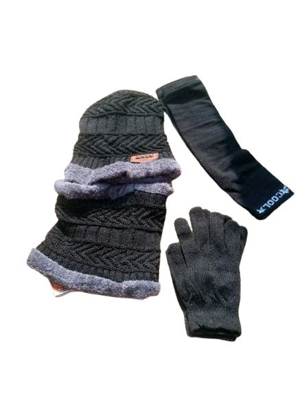 Winter Warm Essentials Combo – Woolen Beanie Cap, Neck Warmer, Thermal Gloves & Fleece Socks (Unisex)