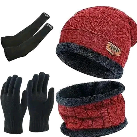 Winter Warm Essentials Combo – Woolen Beanie Cap, Neck Warmer, Thermal Gloves & Fleece Socks (Unisex)