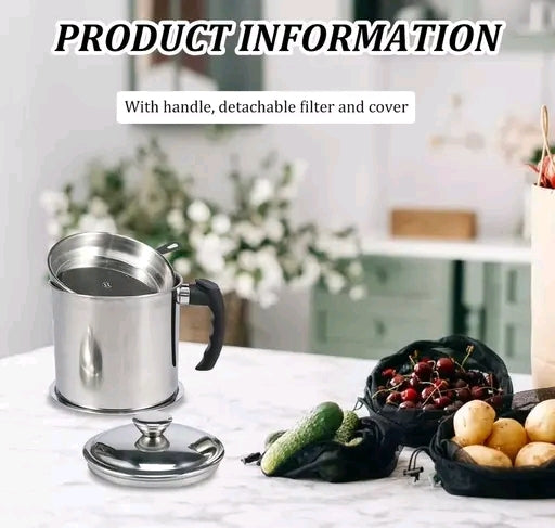 Stainless Steel Oil Storage Pot with Strainer | Grease Filter Container for Kitchen Frying & Cooking