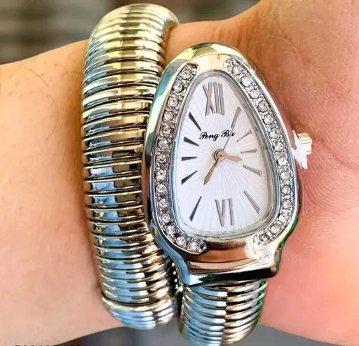 Luxury Gold Snake Coil Bracelet Watch for Women – Premium Fashion Wristwatch silver colour